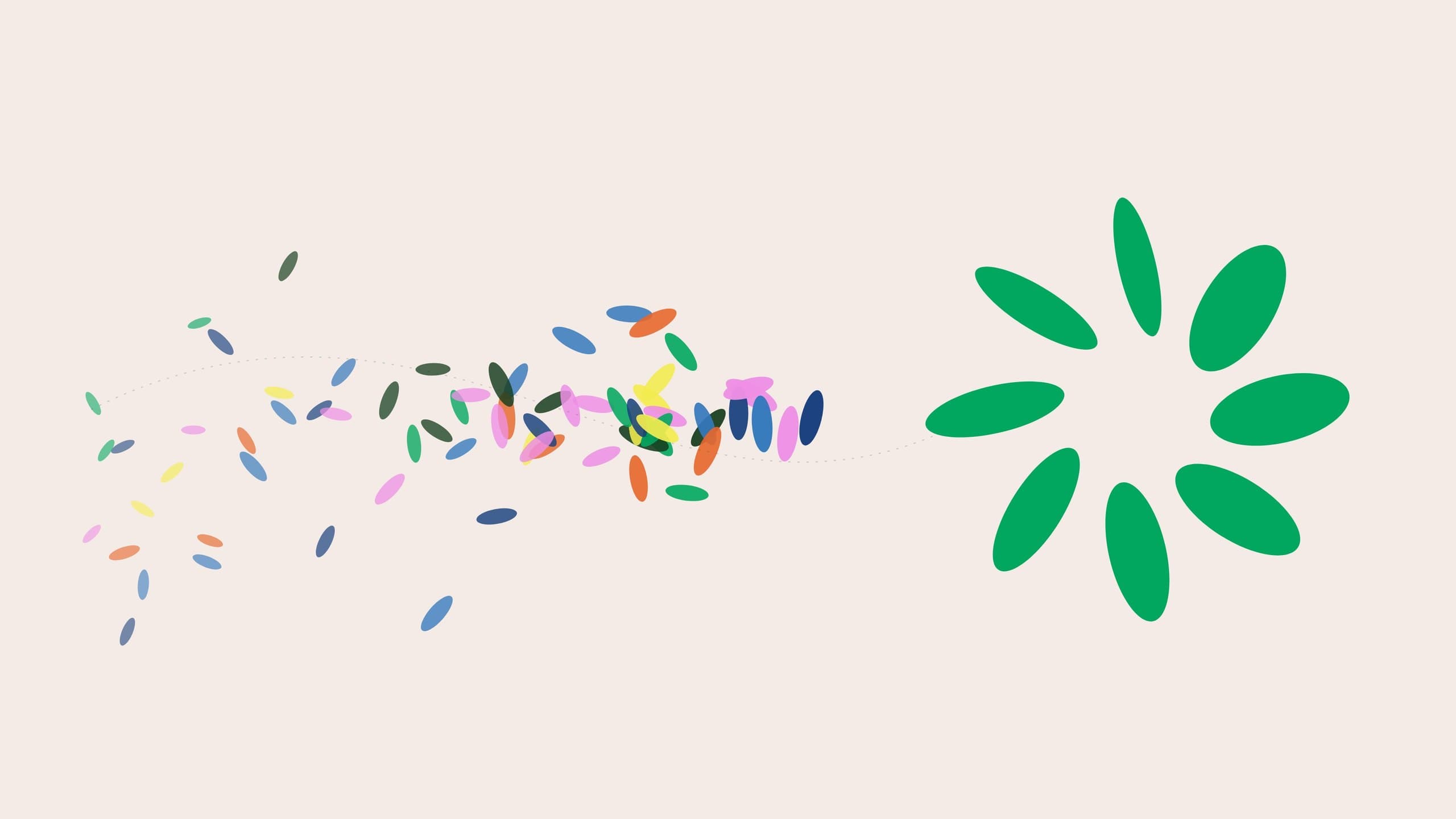 Colourful plastic flakes drifting together and forming the green Greenovative bloom.