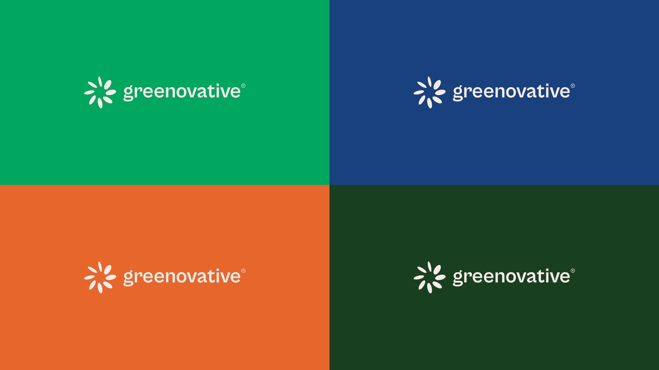 The horizontal Greenovative lockup in off-white on green, navy, orange and deep forest backgrounds.