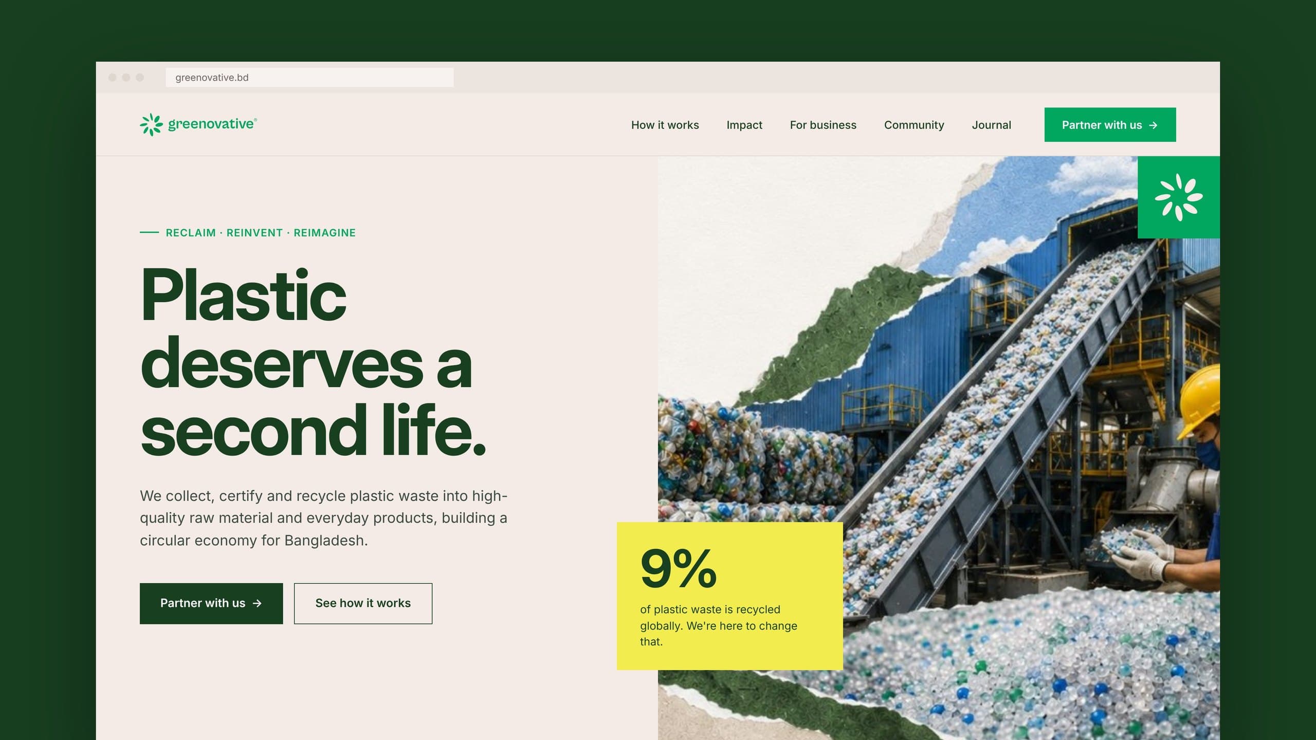 Website homepage hero: “Plastic deserves a second life.” beside a collage of a recycling plant.