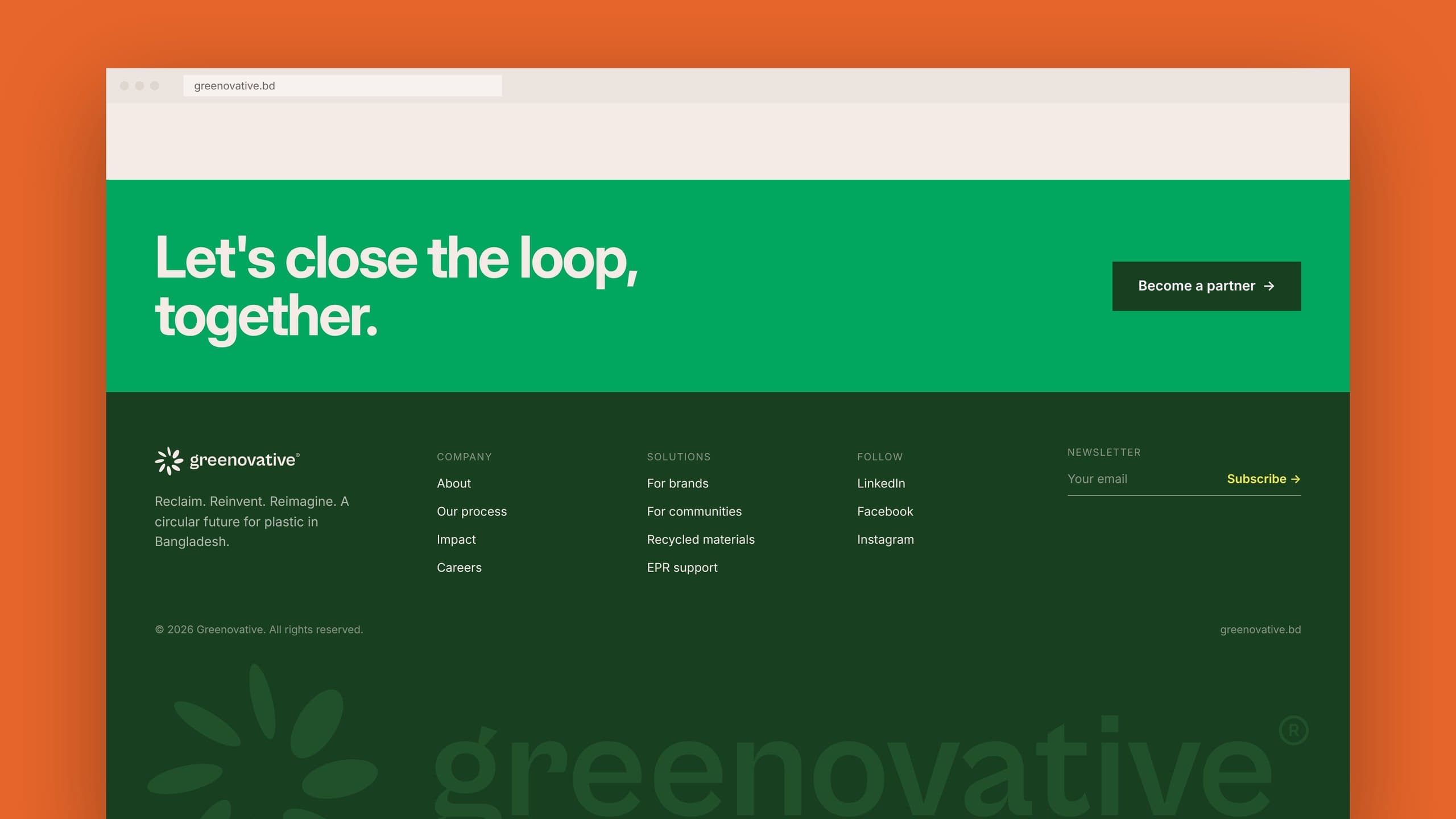 Website footer with the call to action “Let’s close the loop, together.”