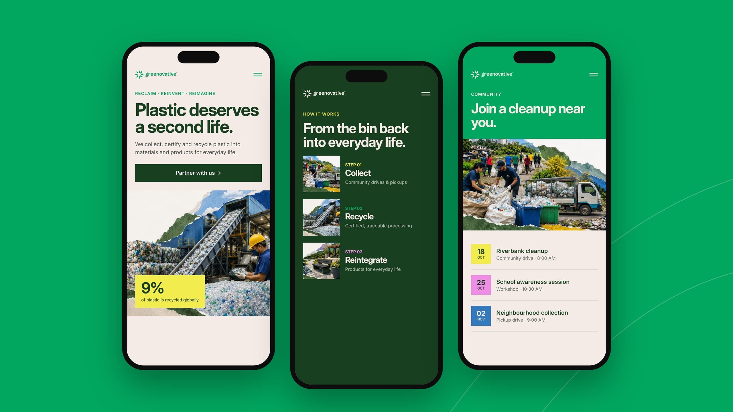 Three mobile screens: homepage, how it works and community cleanups.